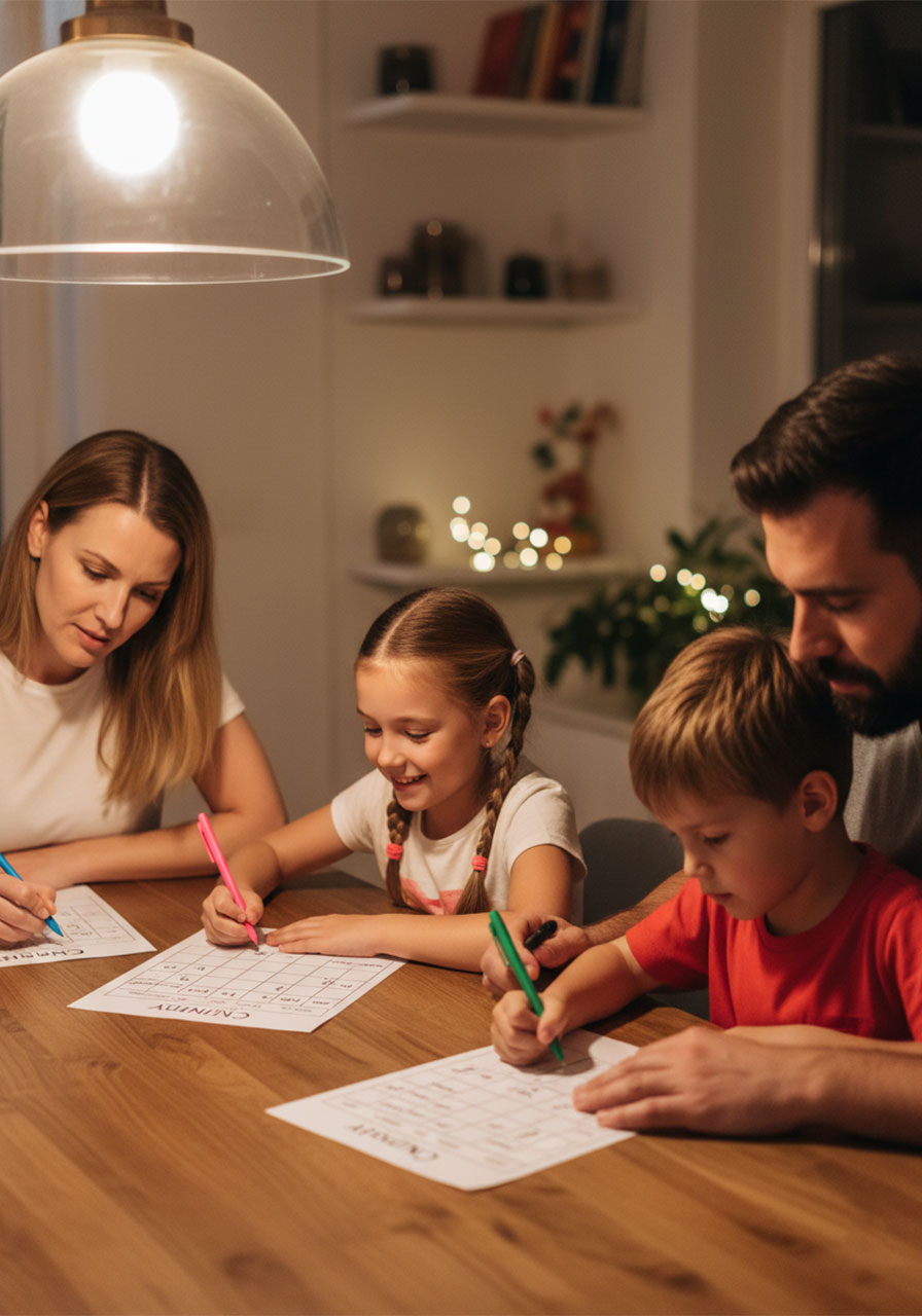 Family of four playing Scattergories-style list pen and paper game at dining table each writing answers on their own paper