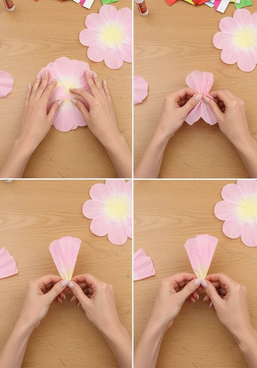 Hands shaping a pink coffee filter flower by pulling and curling each layer open into a peony shape step 5a