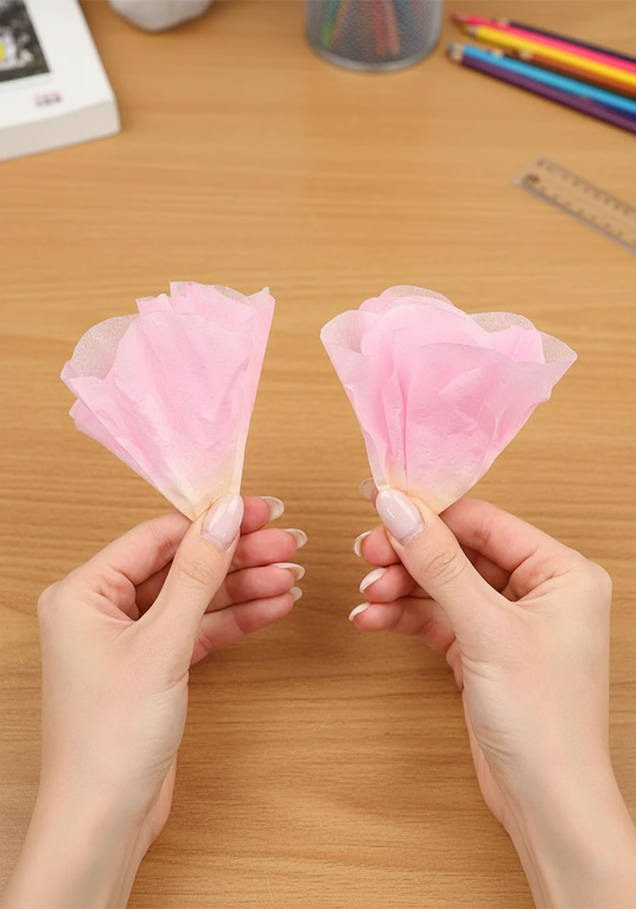Hands shaping a pink coffee filter flower by pulling and curling each layer open into a peony shape step 5b