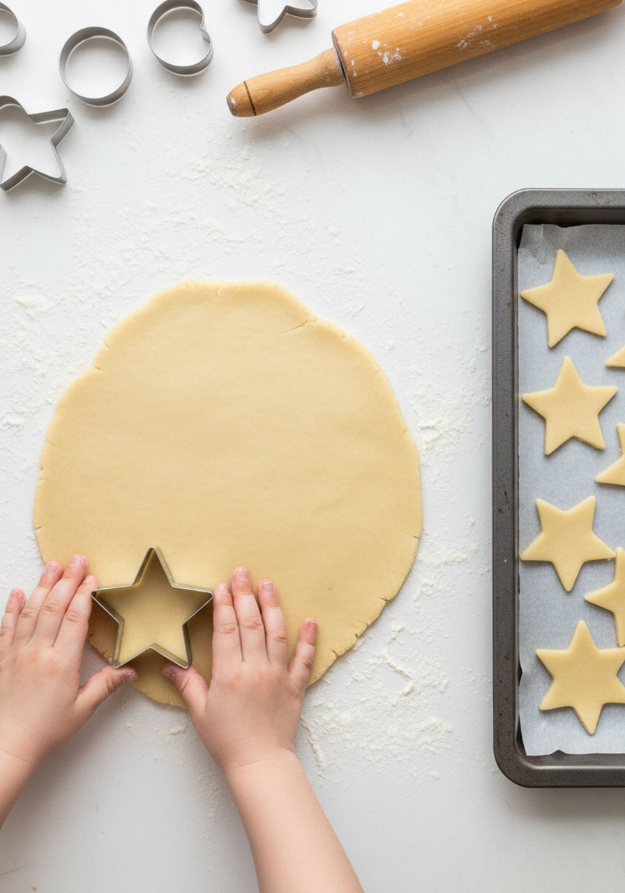 Toddler pressing star-shaped cookie cutters into shortbread dough on a floured kitchen counter
