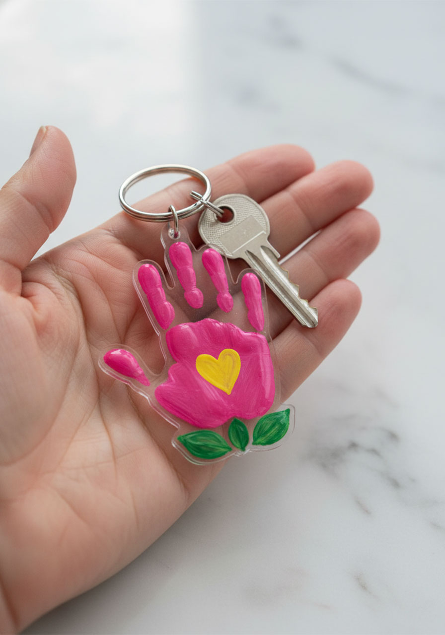 Finished Shrinky Dinks flower handprint keychain for Mother's Day, pink painted child's handprint with yellow heart and green leaves on clear plastic charm with silver key ring