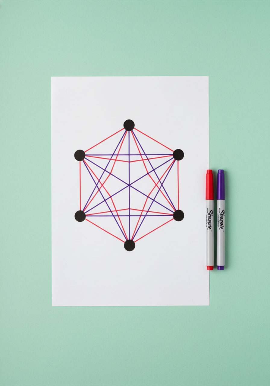 Sim pen and paper strategy game with six dots in hexagon formation connected by red and purple lines mid-game