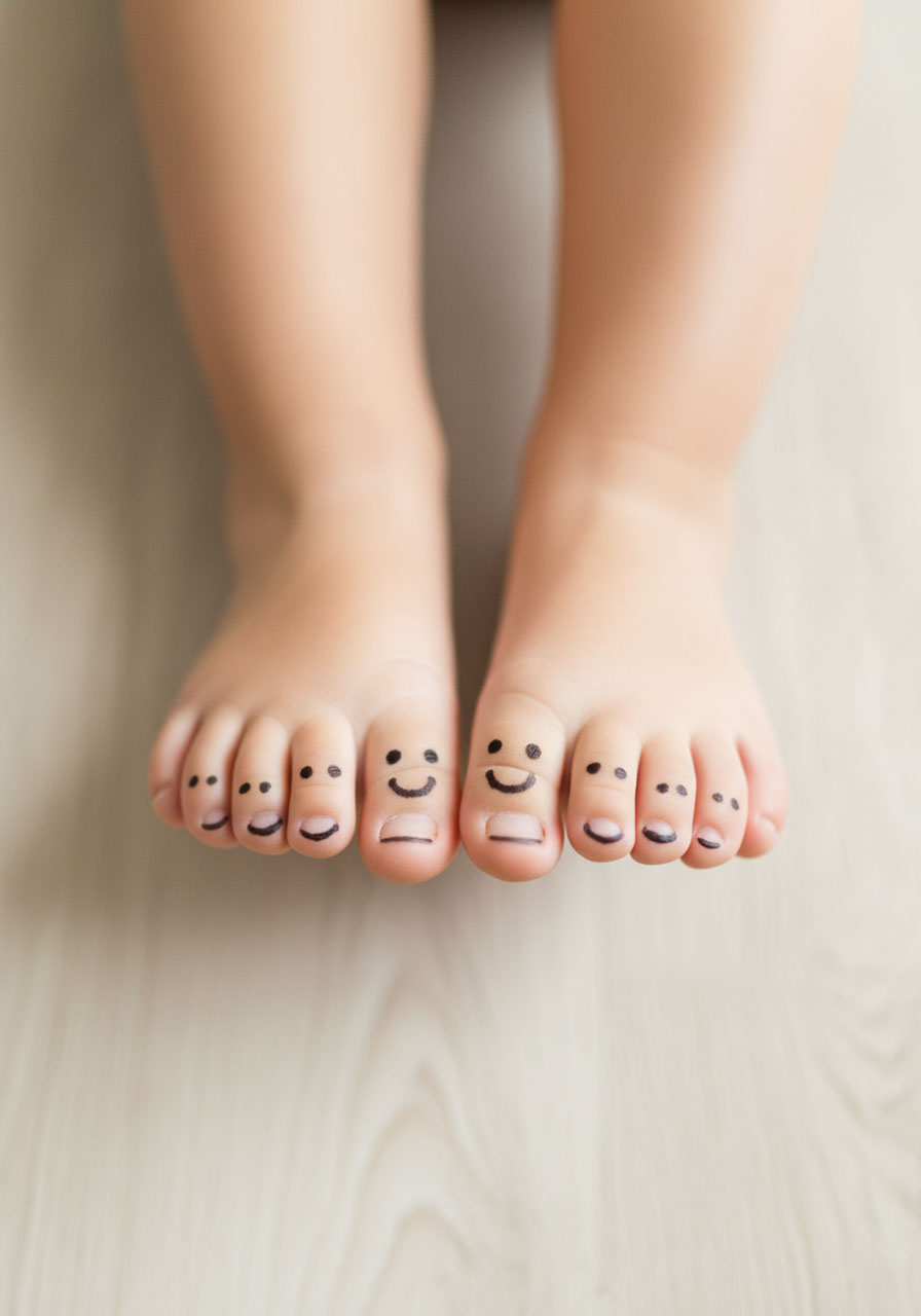 Close-up of a toddler's bare feet with small smiley faces drawn on each toe with a felt-tip pen