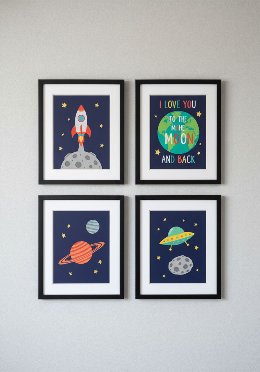 Four-piece space themed gallery wall art for kids bedroom featuring a rocket, planets, UFO, and I Love You to the Moon and Back print