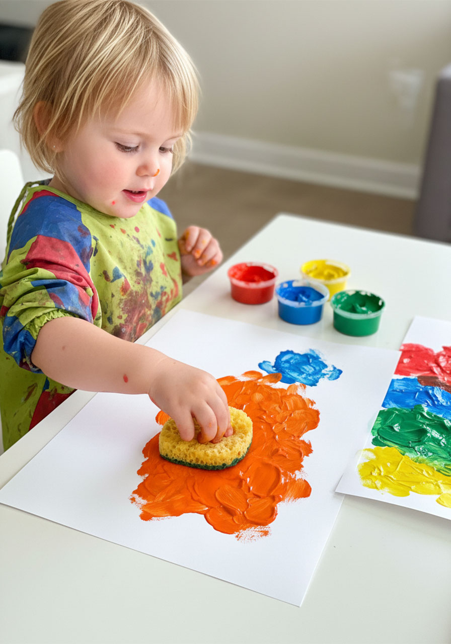 Toddler pressing a yellow sponge into paint and stamping colorful textures onto white paper