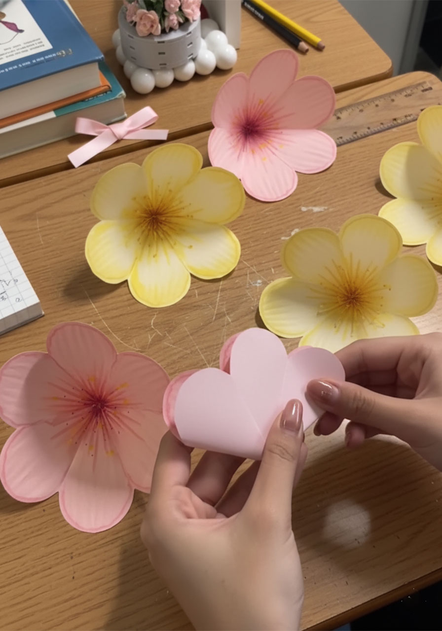 Stacking and gluing seven folded paper flowers in offset pattern to create pop-up bouquet mechanism for Mother's Day card step4a