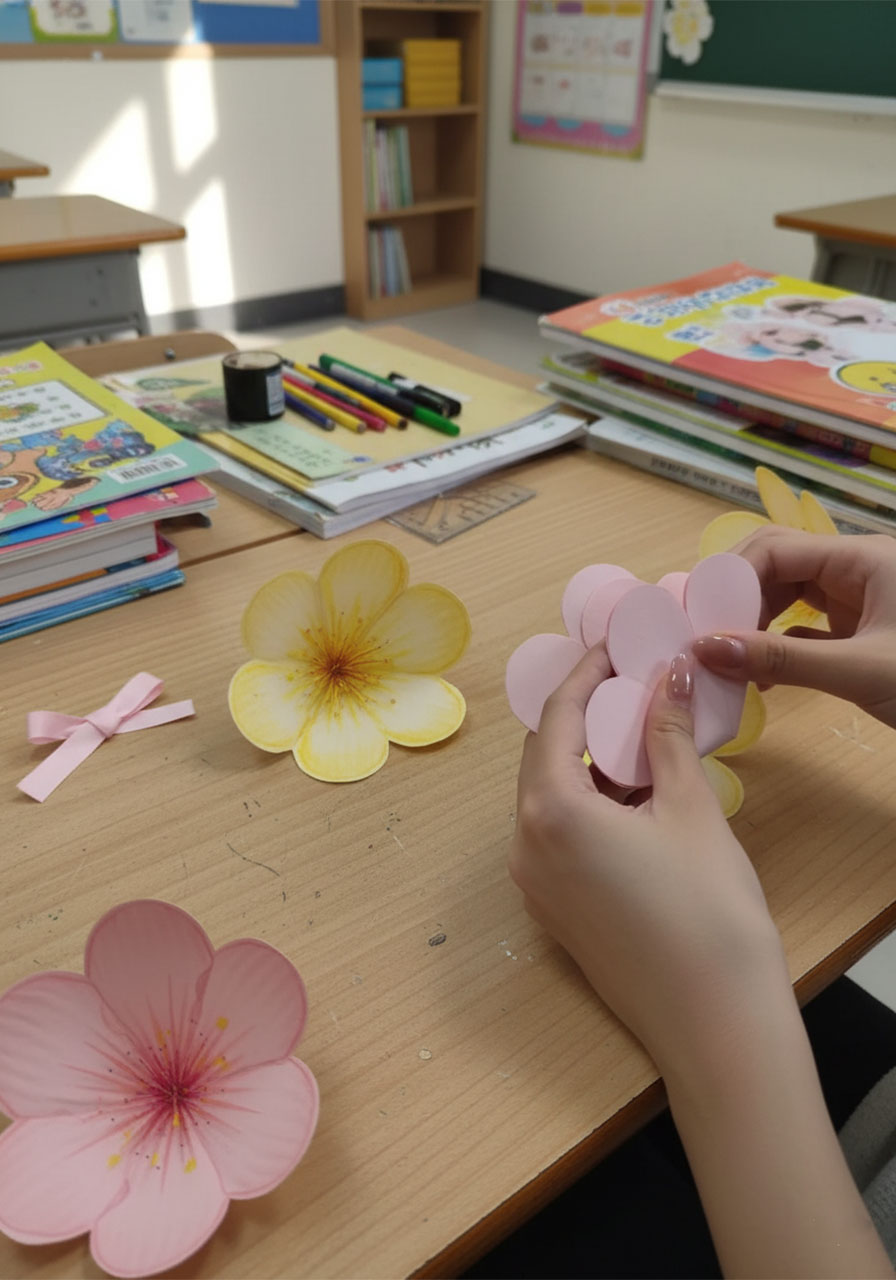Stacking and gluing seven folded paper flowers in offset pattern to create pop-up bouquet mechanism for Mother's Day card step4b