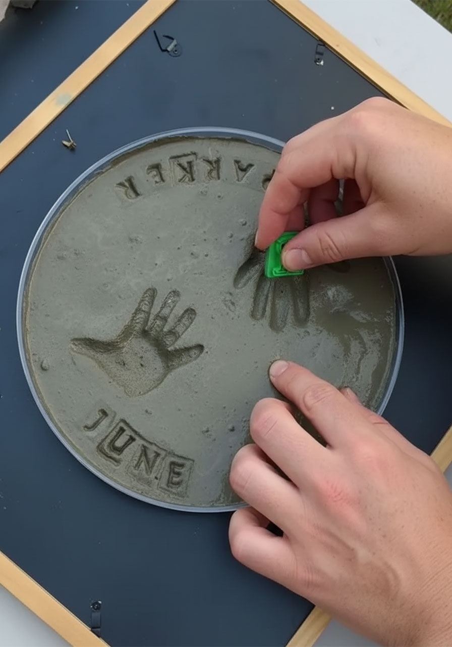 Adult pressing green foam alphabet stamps to spell a child's name into a wet concrete stepping stone — DIY personalization step for a Mother's Day handprint stone