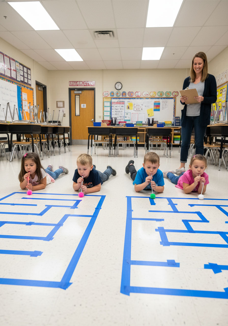 Elementary school teacher supervising students doing a straw maze pom-pom blowing activity in a classroom