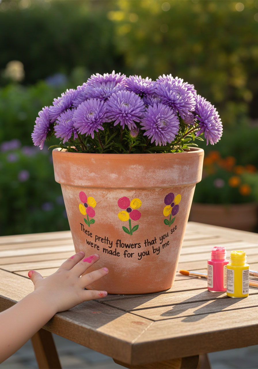 Terra cotta flower pot decorated with children's thumbprint flowers and the message "made for you by me" — easy Mother's Day craft for grandma from kids