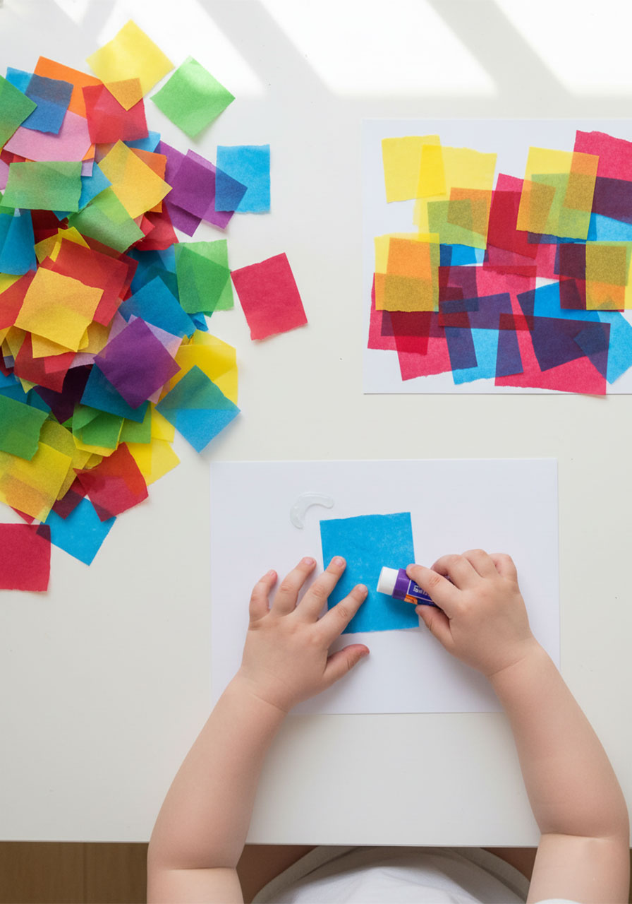 Toddler pressing colorful torn tissue paper squares onto card to make a layered stained glass effect collage