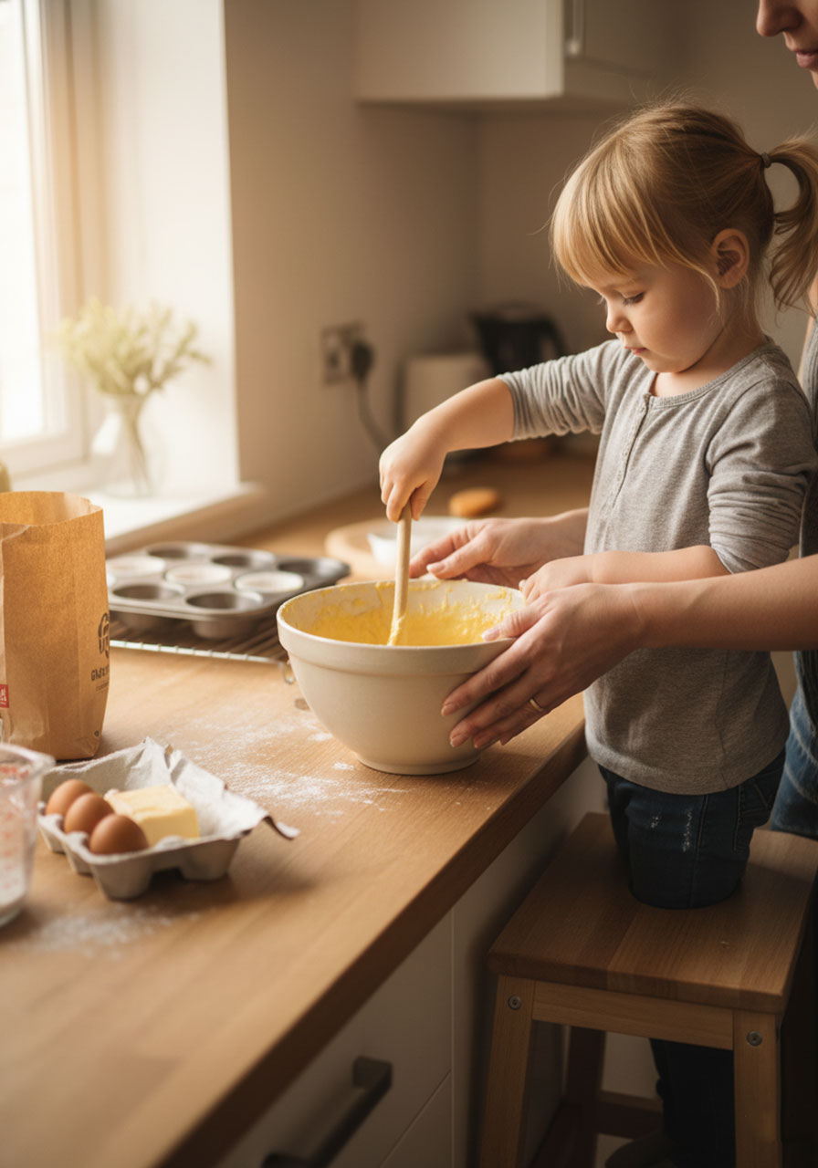 Toddler on a step stool stirring cupcake batter in a bowl with a parent in a warm kitchen baking activity