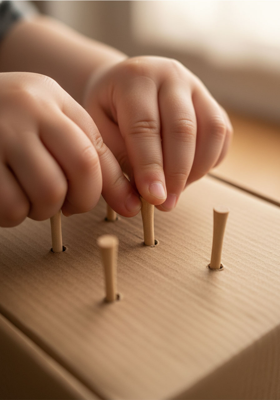 Toddler using fingers to press golf tee into cardboard box hole – fine motor skill activity without hammer