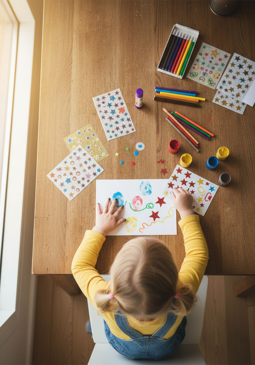 Toddler decorating a handmade greetings card with stickers and finger paint on a craft table
