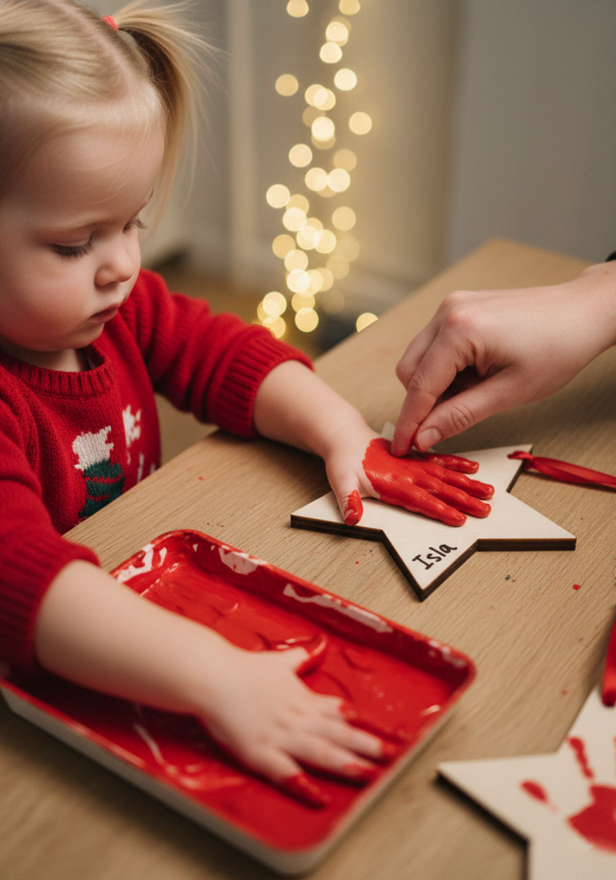Toddler pressing a paint-covered handprint onto a wooden star ornament to make a Christmas keepsake decoration