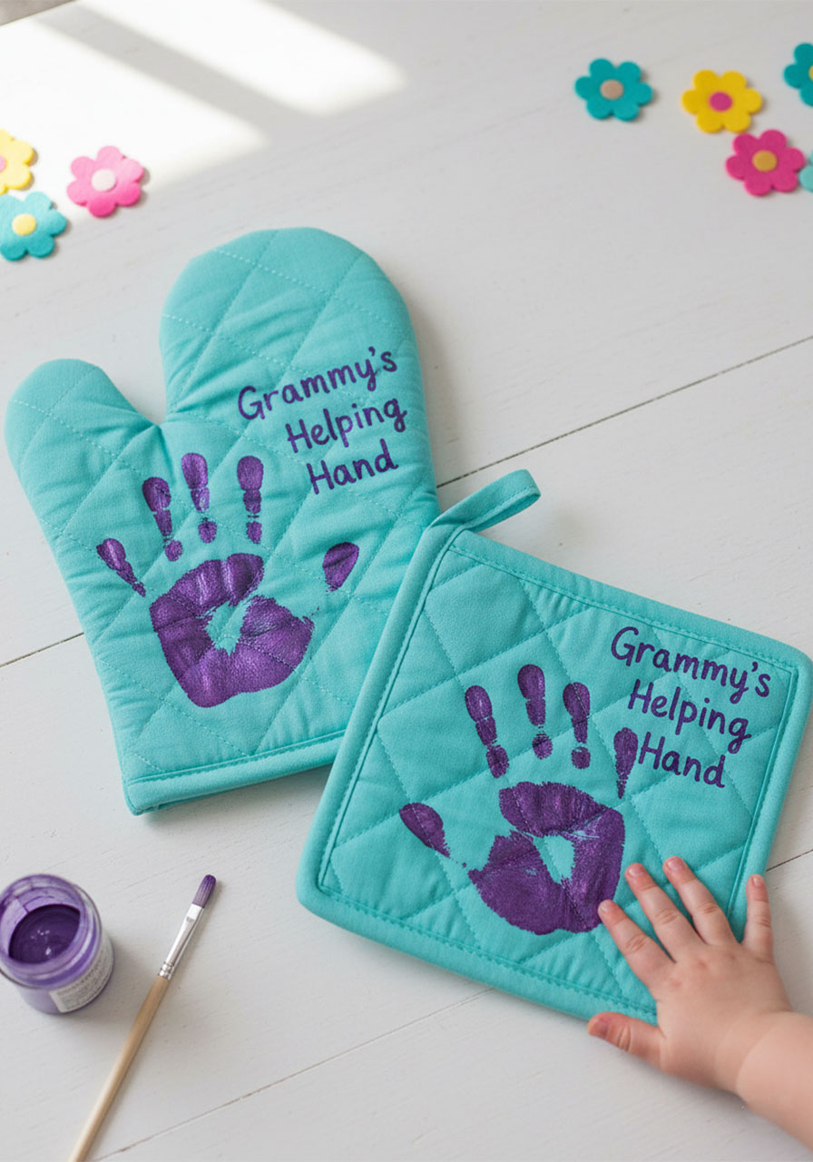 Teal oven mitt and potholder with purple toddler handprints labeled "Grammy's Helping Hand" — Mother's Day craft idea for grandma made by kids