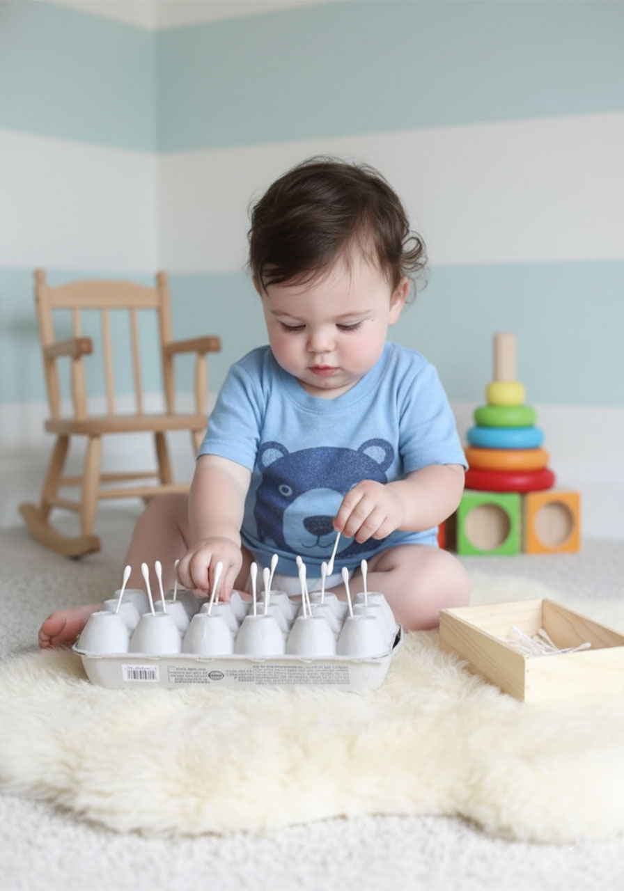 17-month-old toddler playing independently with Q-tip push egg carton activity, demonstrating fine motor skill development