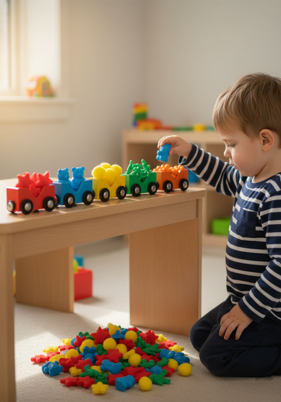 Toddler sorting small coloured objects into matching colour toy train cars in colour learning activity