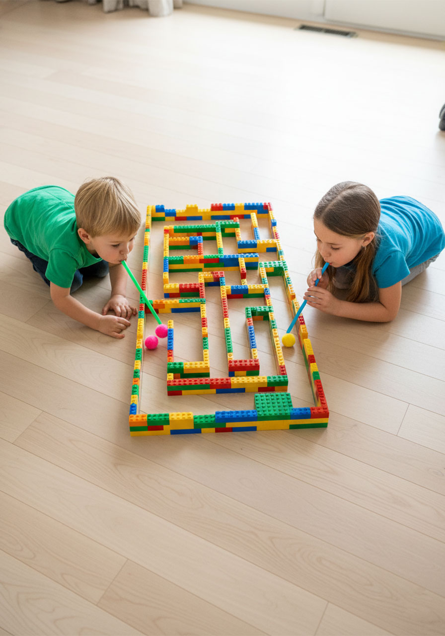 Two children racing pom poms from opposite ends of a LEGO brick maze using straws on the living room floor