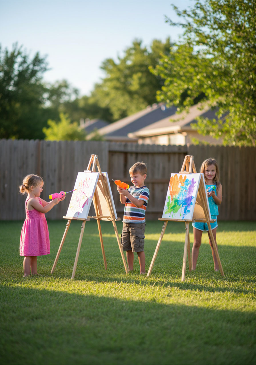 Group of three kids doing water gun painting activity together with individual easels in backyard
