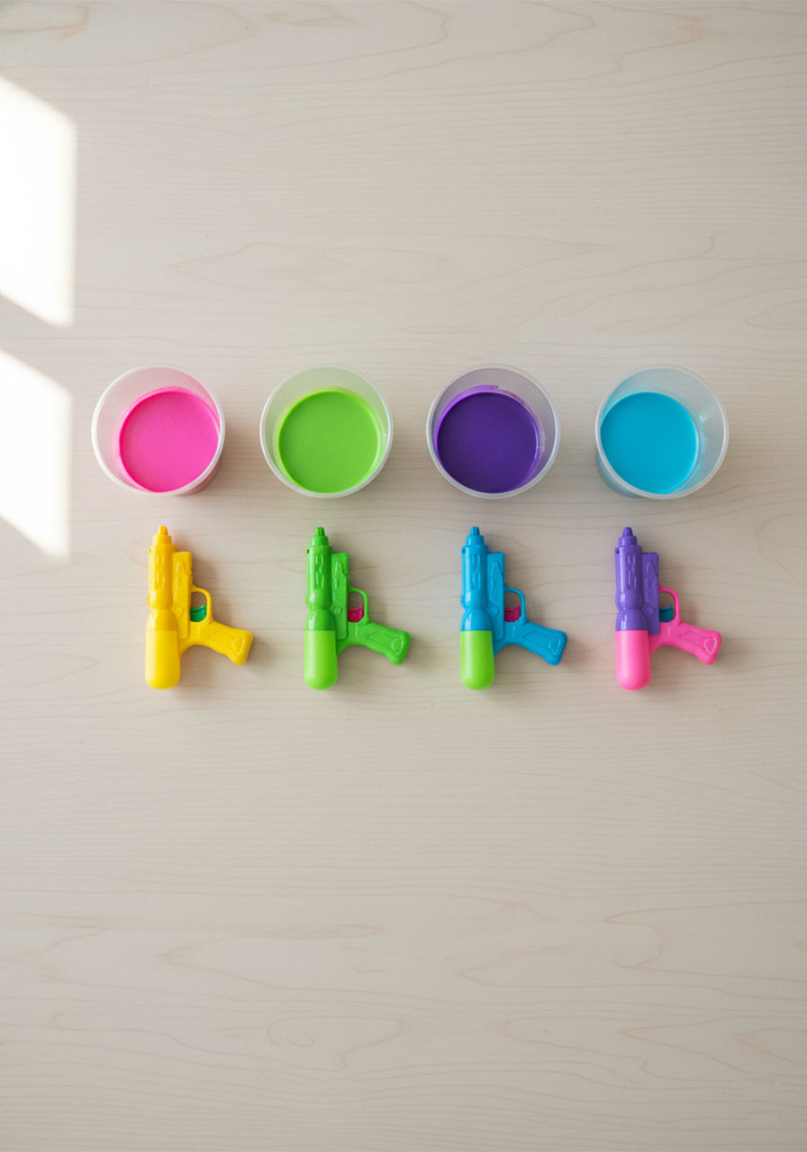 Supplies needed for water gun painting including colorful paint-filled cups and plastic squirt guns