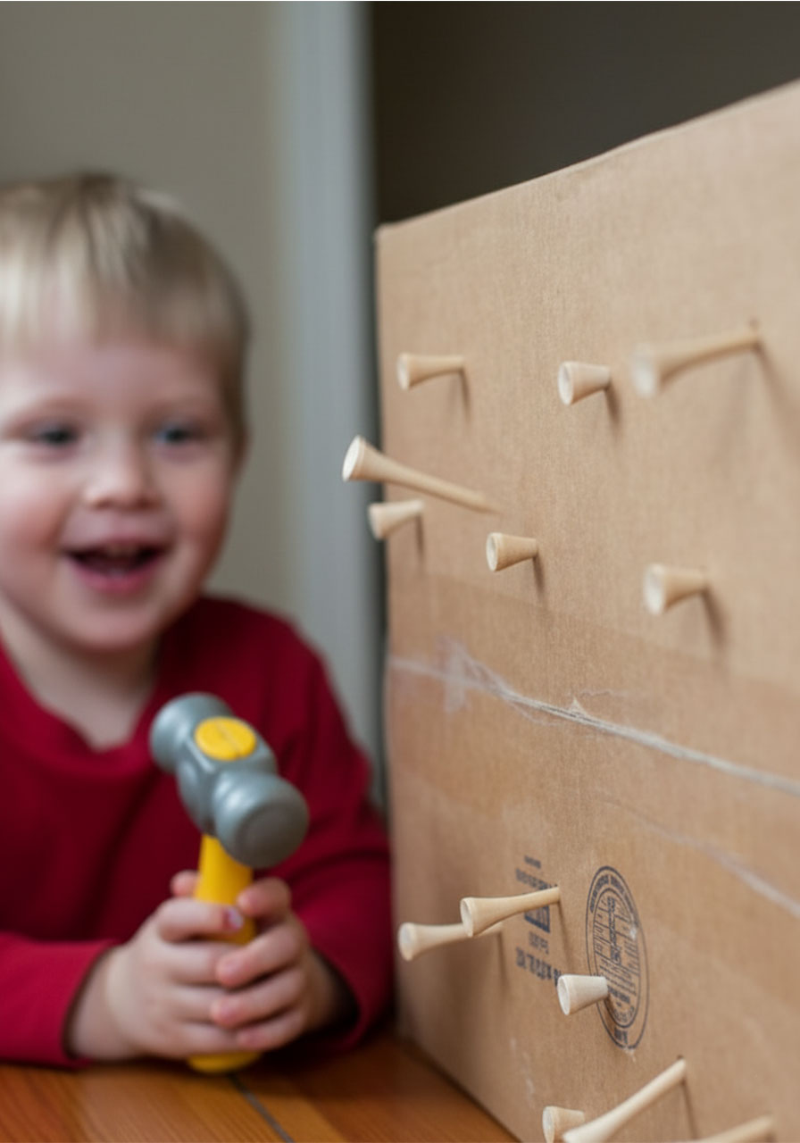 Golf tee popping back up out of cardboard box like Whack-a-Mole during toddler hammering activity