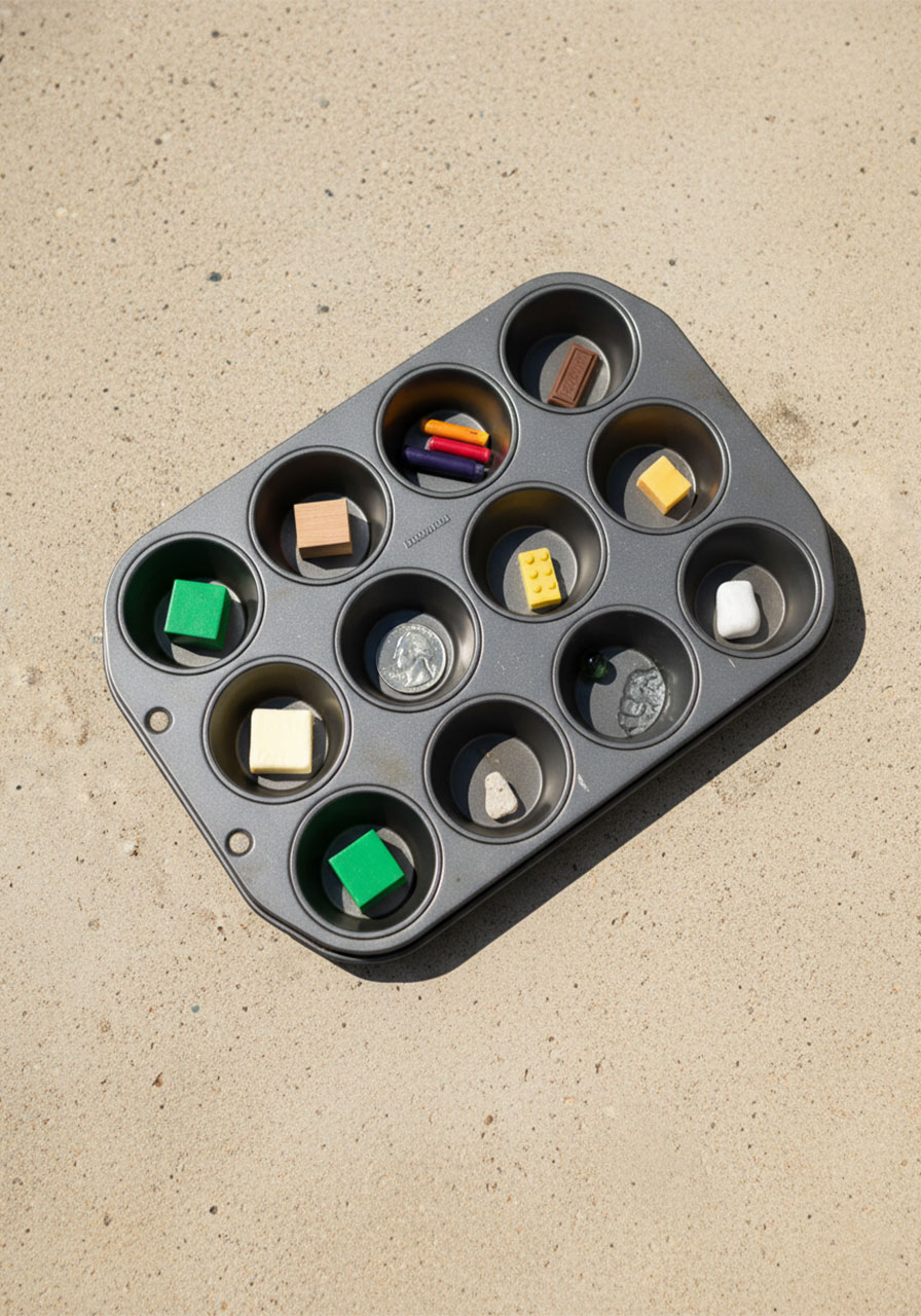 Muffin tin with household objects set up for a what melts in the sun science experiment for kids
