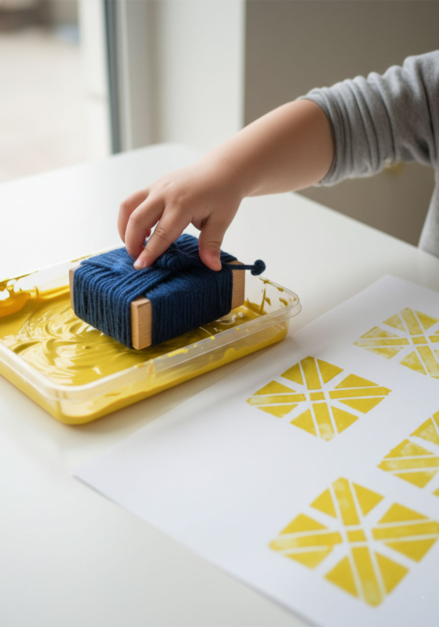 Toddler pressing a wool-wrapped wooden block into paint to create textured criss-cross stamp prints on paper