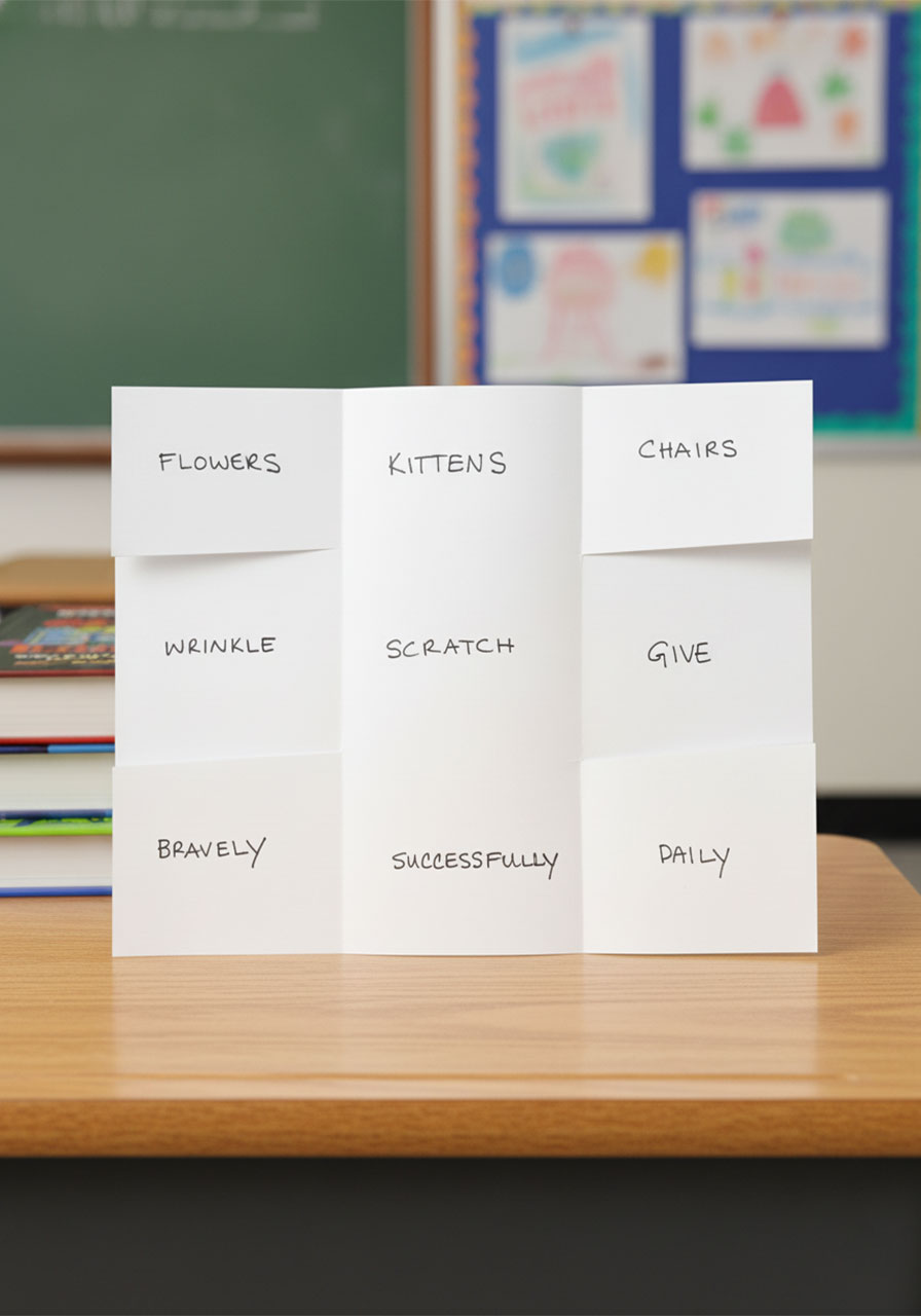 Word Flip pen and paper game showing a folded paper with three columns of nouns, verbs, and adverbs handwritten in black ink