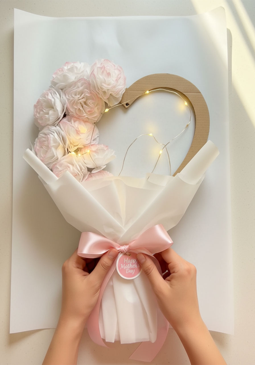 Wrapping a completed DIY Mother's Day tissue paper heart flower bouquet in white paper with a pink ribbon bow and gift tag