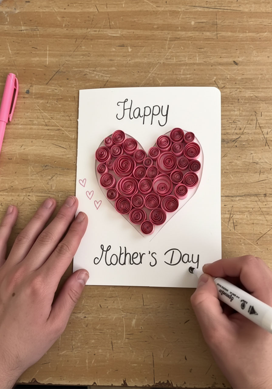 Adult hand writing Happy Mother's Day message on handmade quilled heart card with black marker