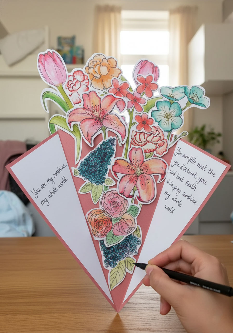 Hand writing a heartfelt message in cursive on the inner flaps of a DIY forever bouquet Mother's Day card, showing the hidden letter feature of the paper bouquet wrap