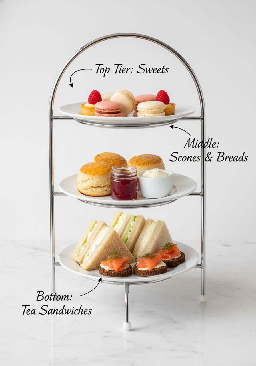 3-tier afternoon tea tray showing correct food arrangement order: sandwiches on bottom, scones in middle, sweets on top