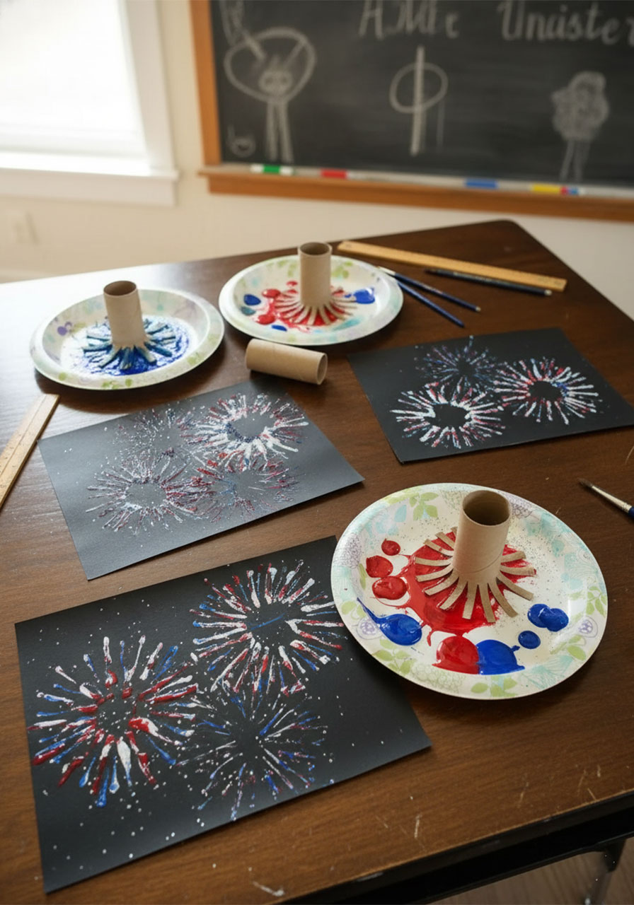 Completed 4th of July firework craft paintings made by kids using toilet paper roll stamps on black construction paper with red white and blue paint