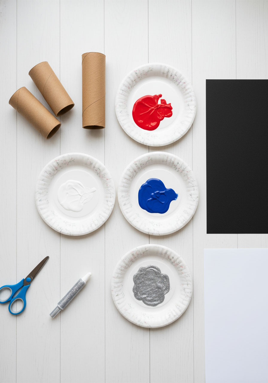 All supplies needed for 4th of July firework craft including toilet paper rolls scissors paint and black construction paper laid flat on white table