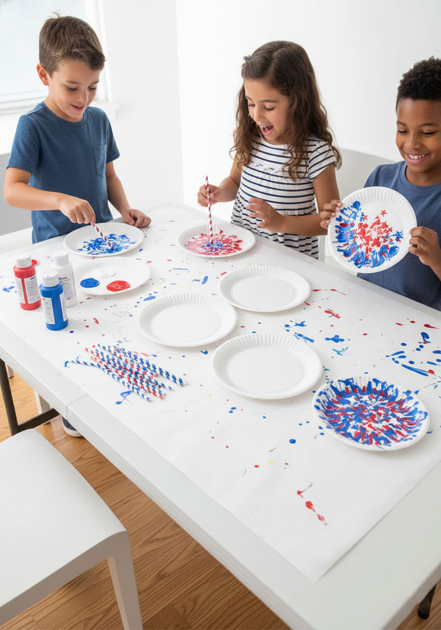 Three kids stamping paper plates with fringed straws at festive 4th of July craft station with red white and blue paint and completed patriotic plates visible