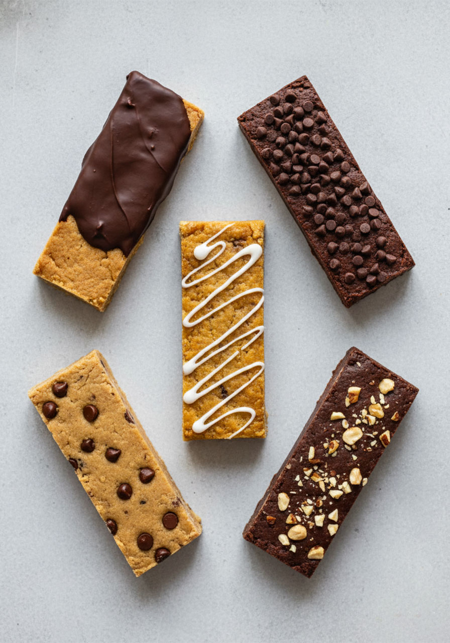 Five homemade no bake protein bar flavors laid out flat: peanut butter chocolate, chocolate, banana bread, cookie dough, and chocolate hazelnut