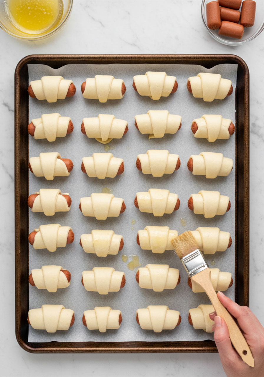 Unbaked pigs in a blanket arranged on a parchment-lined baking tray being brushed with melted butter before going into the oven