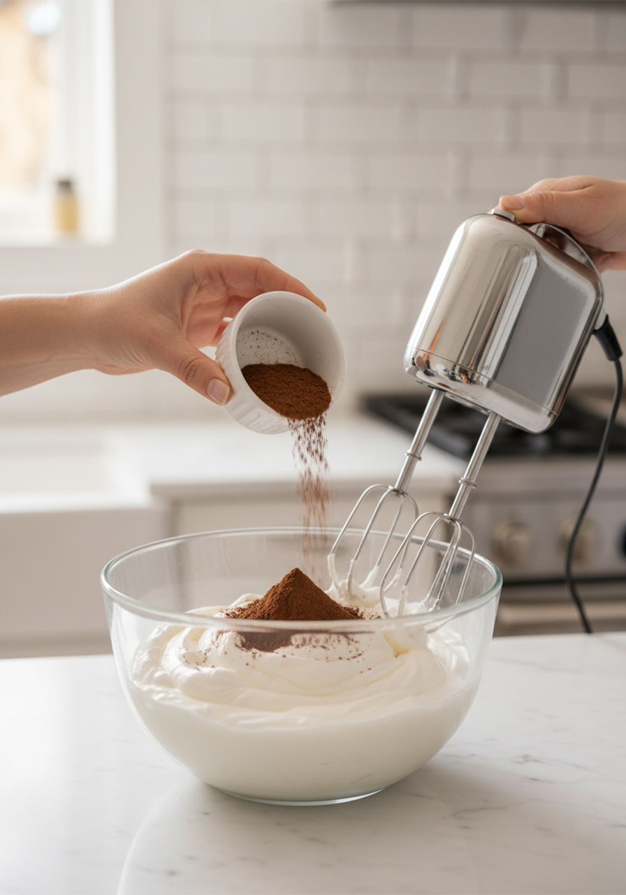 Adding unsweetened cocoa powder to whipped cream to make keto chocolate mousse