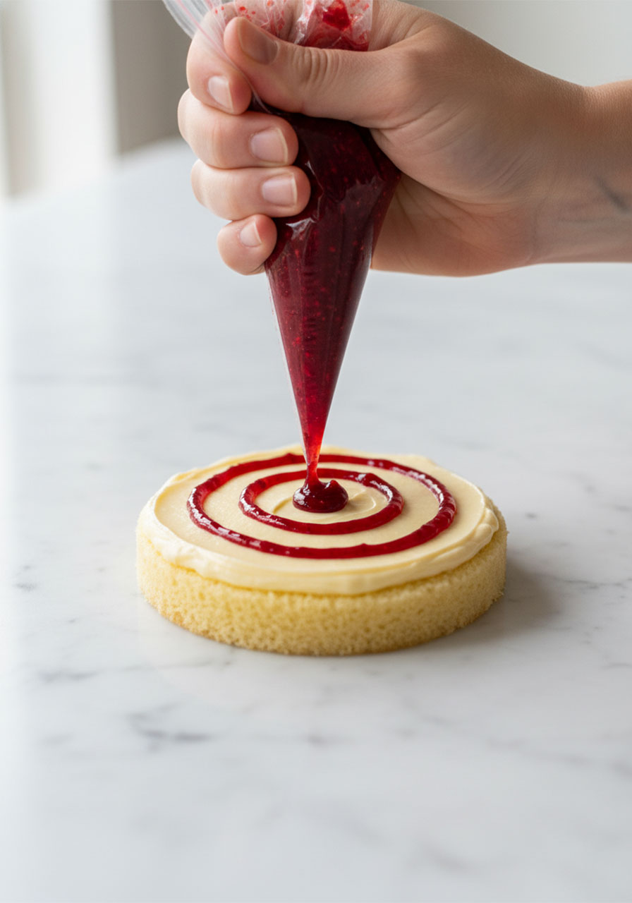 Piping a thin layer of raspberry jam on top of vanilla buttercream on a pound cake circle for a mini Victoria cake