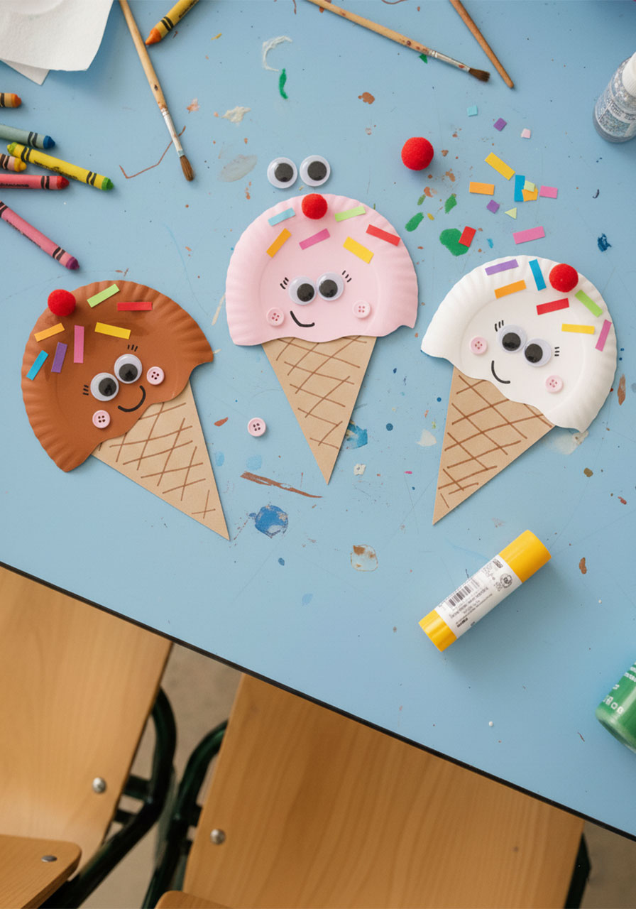 Child gluing colorful paper sprinkles and googly eyes onto a pink paper plate ice cream scoop — summer kids craft decorating step