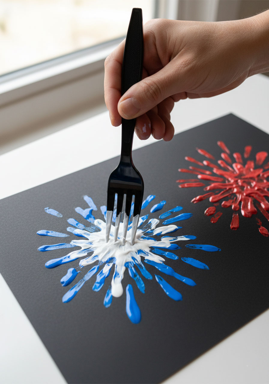 Adult hand adding a white paint layer over a blue fork painted firework on black cardstock to create glowing burst effect