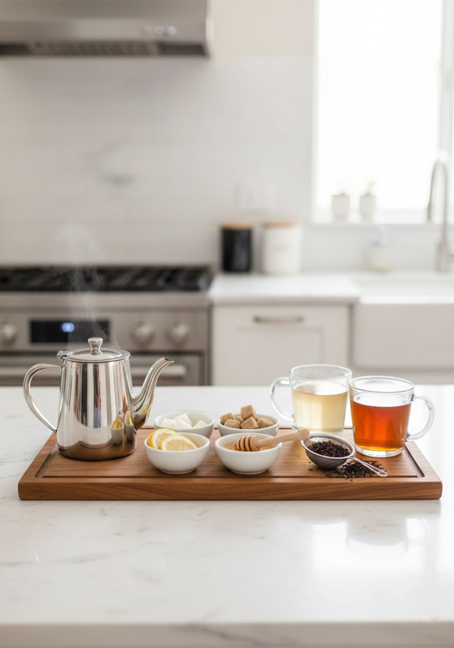 Afternoon tea bar setup with teapot, lemon slices, sugar, honey, and multiple tea varieties for home hosting