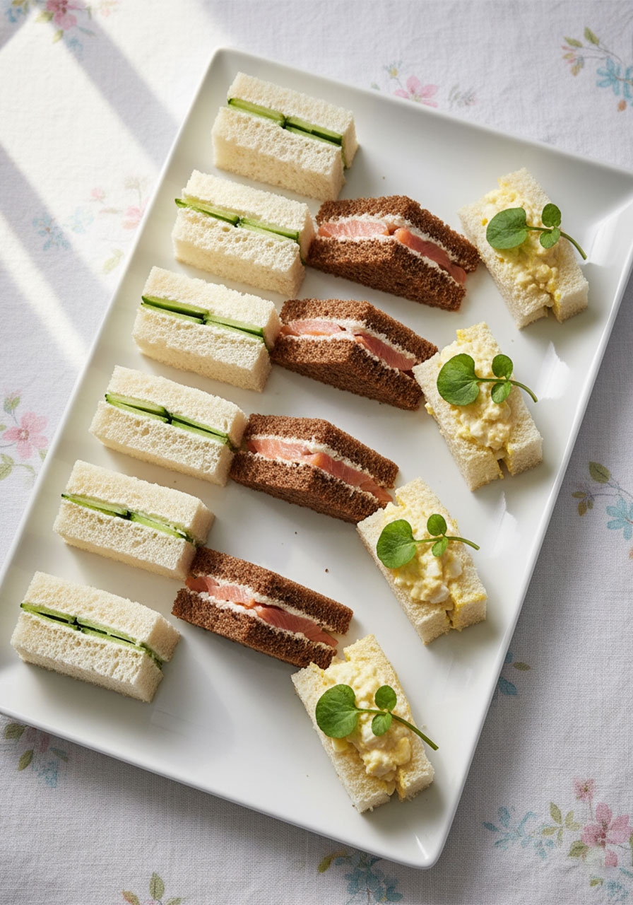 Three varieties of afternoon tea finger sandwiches: cucumber cream cheese, smoked salmon, and egg salad on a serving platter
