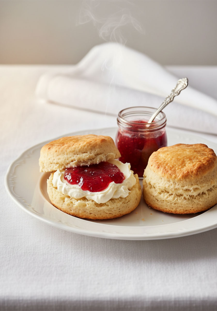Freshly baked afternoon tea scones split open with clotted cream and strawberry jam on a white plate