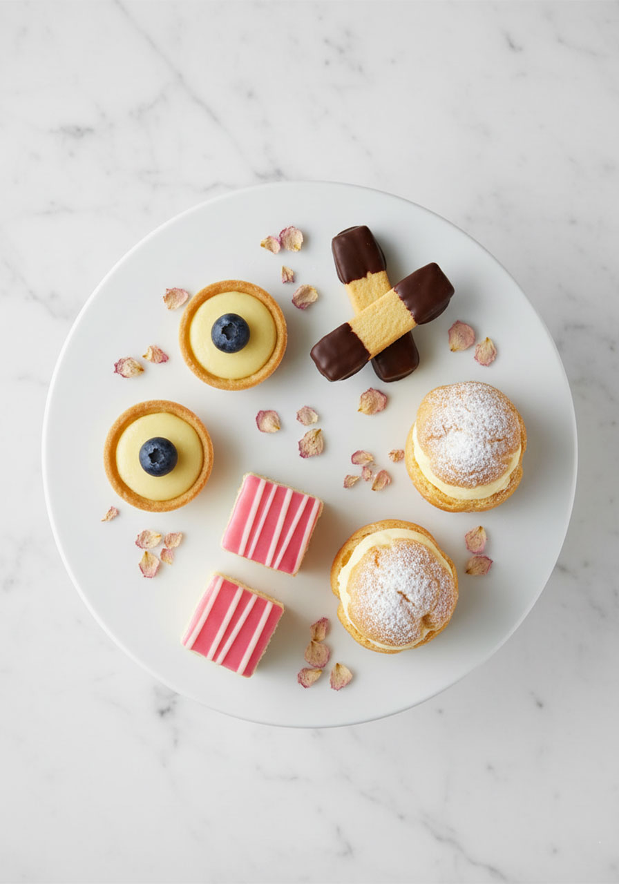 Afternoon tea sweets on a cake stand including lemon tarts, petit fours, shortbread, and cream puffs