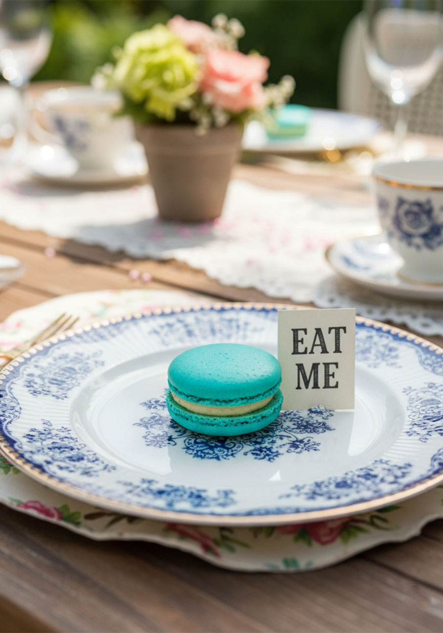 Whimsical Alice in Wonderland tea party treat featuring a macaron and an 'Eat Me' tag.