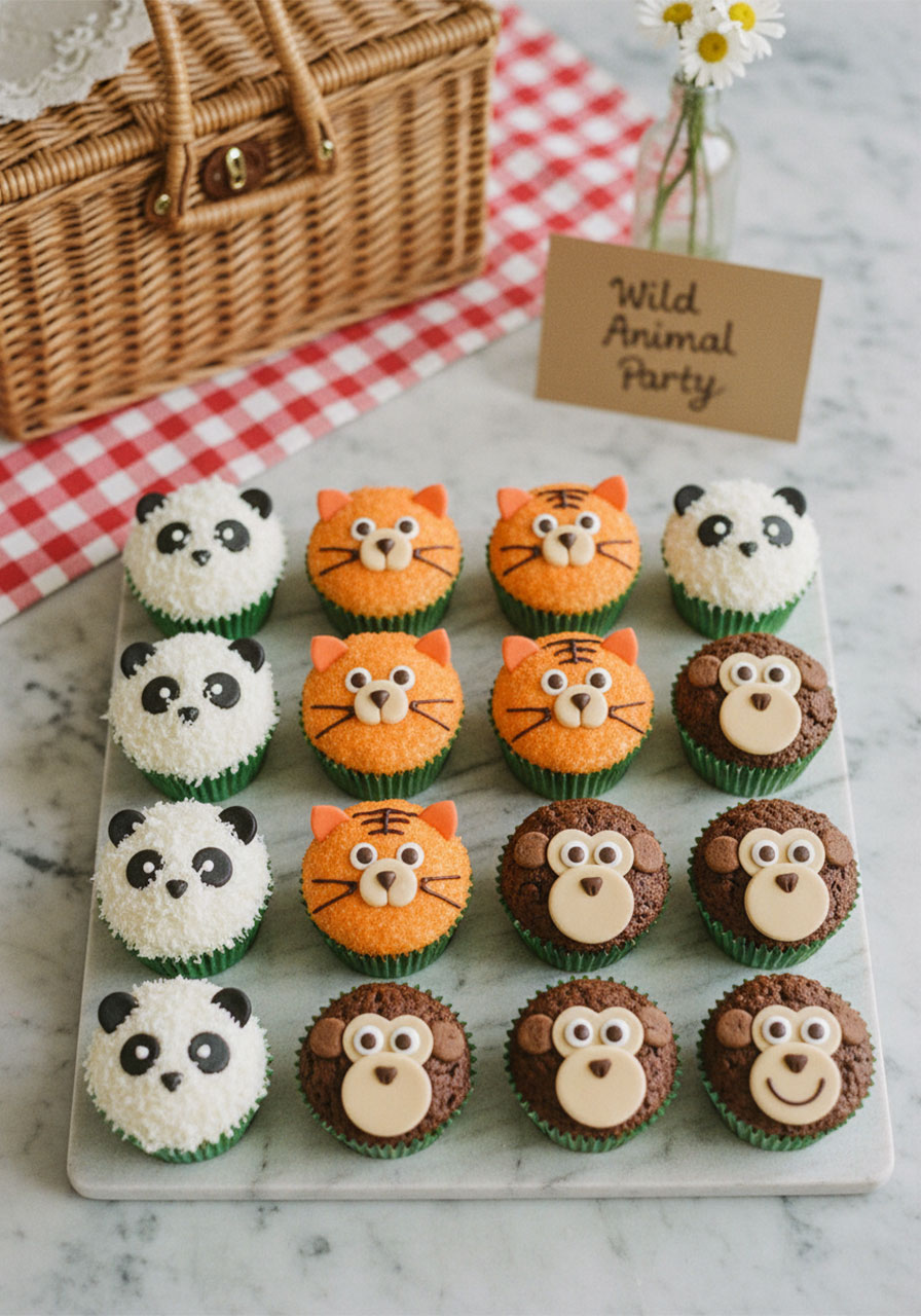 Panda tiger and monkey animal face cupcakes decorated with fondant and sugar sprinkles, fun cute animal themed birthday snacks for kids	