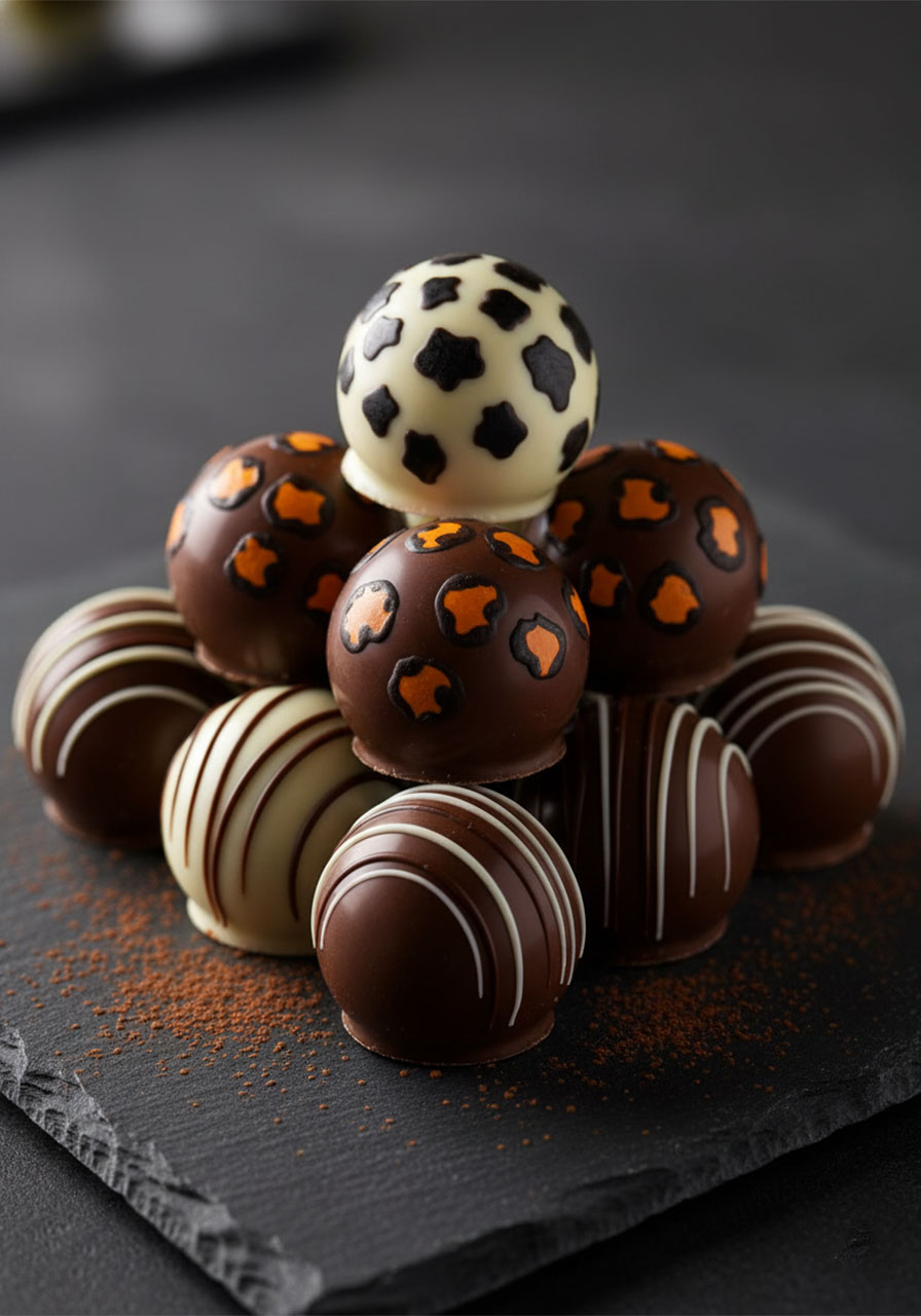 Animal print chocolate truffle balls with giraffe leopard and zebra patterns arranged on slate board, elegant zoo party food dessert for kids birthday	
