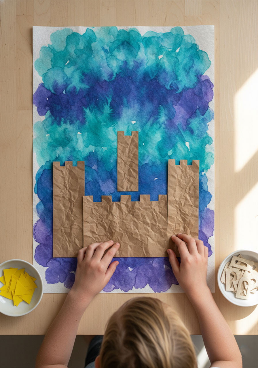 Child arranging crumpled brown paper bag castle pieces on a colorful watercolor background before gluing for a sandcastle art project